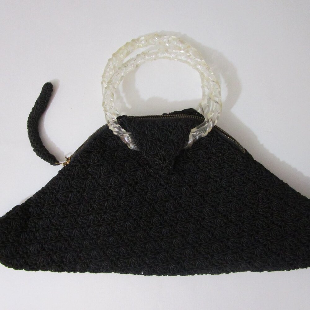 1940s Crochet Knit Purse Top Handle Purse Carved Lucite Rings Vintage Black